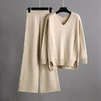 Amber - Women's V-Neck Cable Knit Sweater and Pants Set