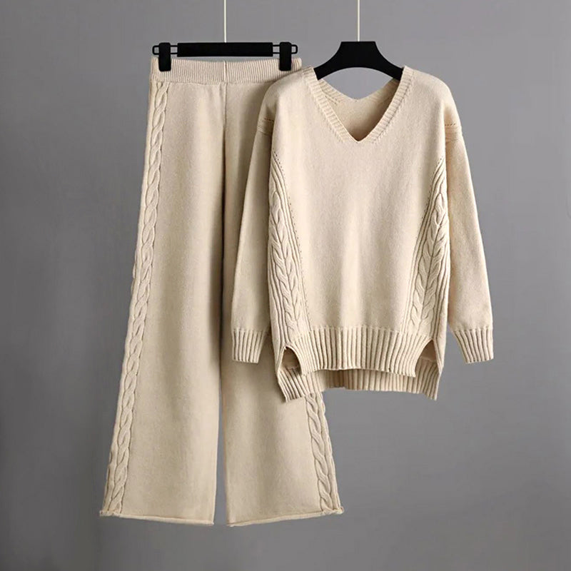 Amber - Women's V-Neck Cable Knit Sweater and Pants Set