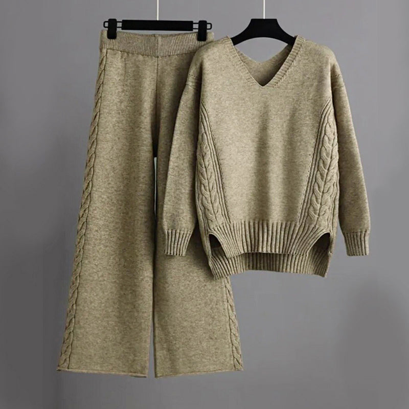 Amber - Women's V-Neck Cable Knit Sweater and Pants Set