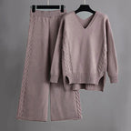 Amber - Women's V-Neck Cable Knit Sweater and Pants Set