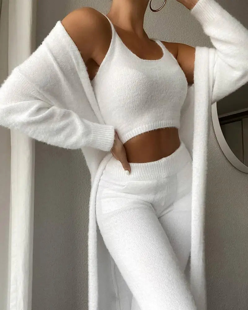 Aurelia - Women's Cropped Knit Top & Pants with Oversized Cardigan 3-Piece Set