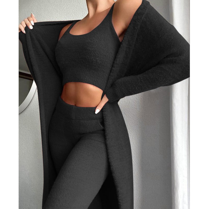 Aurelia - Women's Cropped Knit Top & Pants with Oversized Cardigan 3-Piece Set