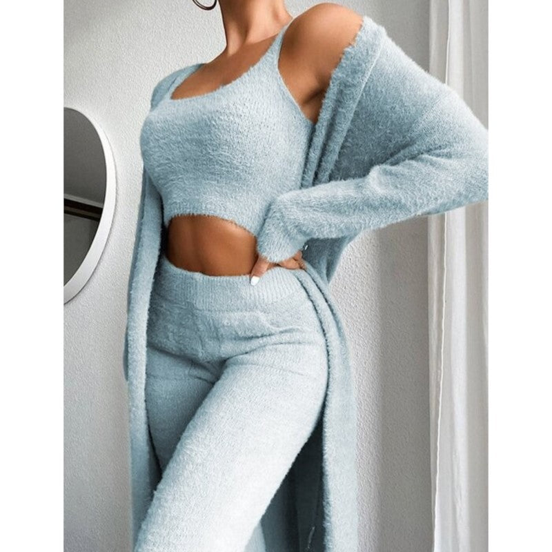 Aurelia - Women's Cropped Knit Top & Pants with Oversized Cardigan 3-Piece Set