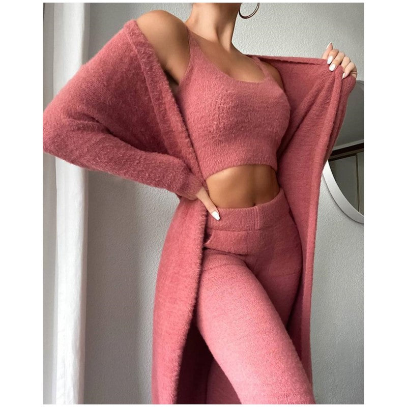 Aurelia - Women's Cropped Knit Top & Pants with Oversized Cardigan 3-Piece Set