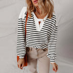 Bailey - Women's Striped Button Neck Waffle Knit Top