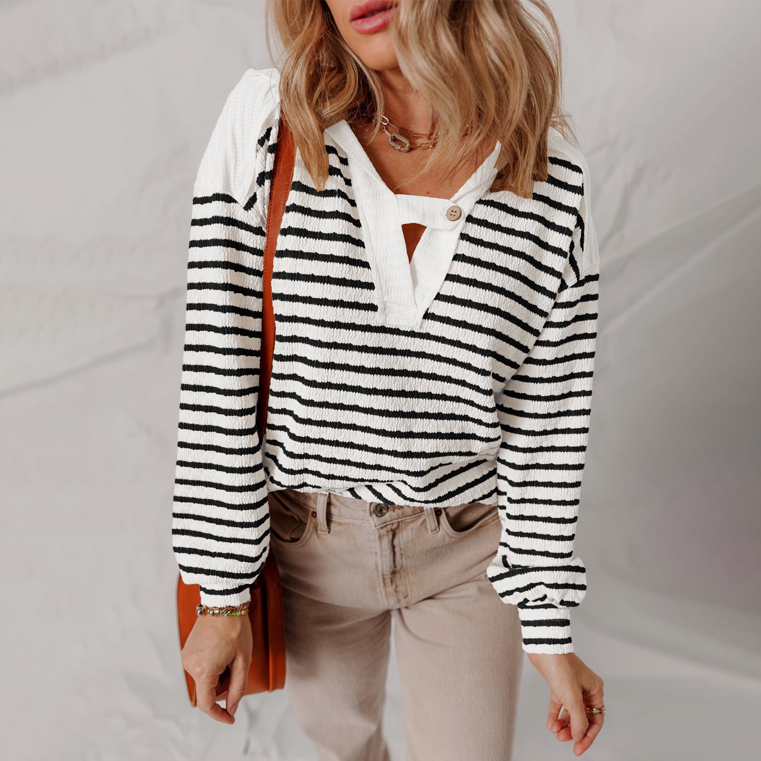 Bailey - Women's Striped Button Neck Waffle Knit Top
