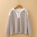 Bailey - Women's Striped Button Neck Waffle Knit Top