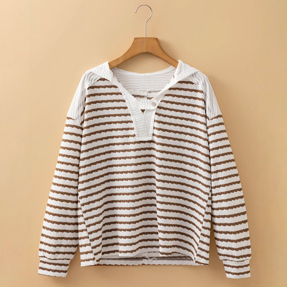Bailey - Women's Striped Button Neck Waffle Knit Top