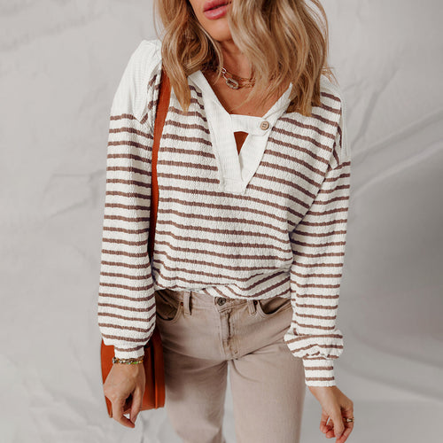 Bailey - Women's Striped Button Neck Waffle Knit Top
