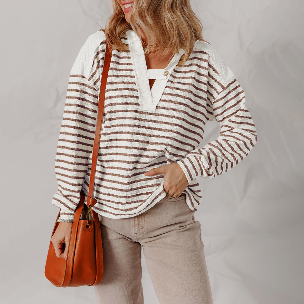 Bailey - Women's Striped Button Neck Waffle Knit Top