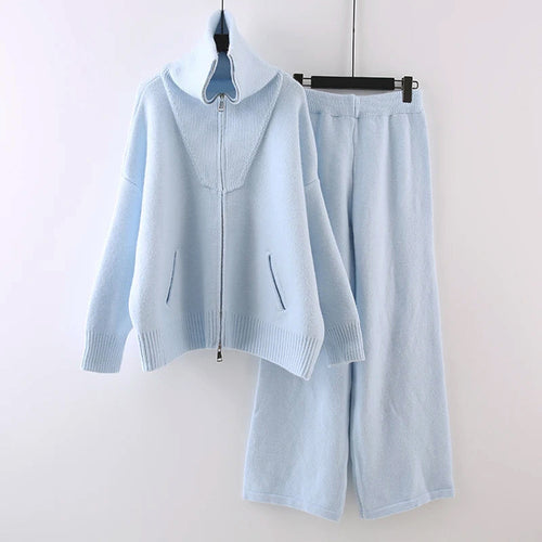 Cassy - Women's Zip-Up Knit Sweater & Wide Leg Pants Set