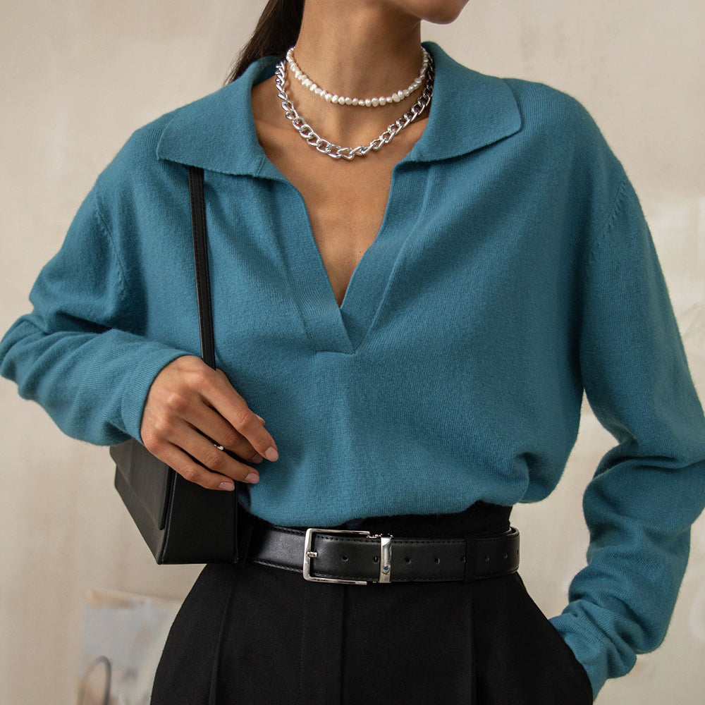Celina - Women's Collared V-Neck Knit Sweater