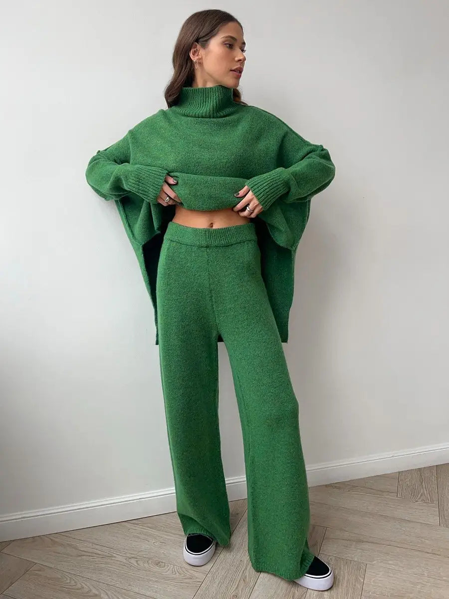 Elise - Women's Turtleneck Knit Sweater & Wide-Leg Pants Set