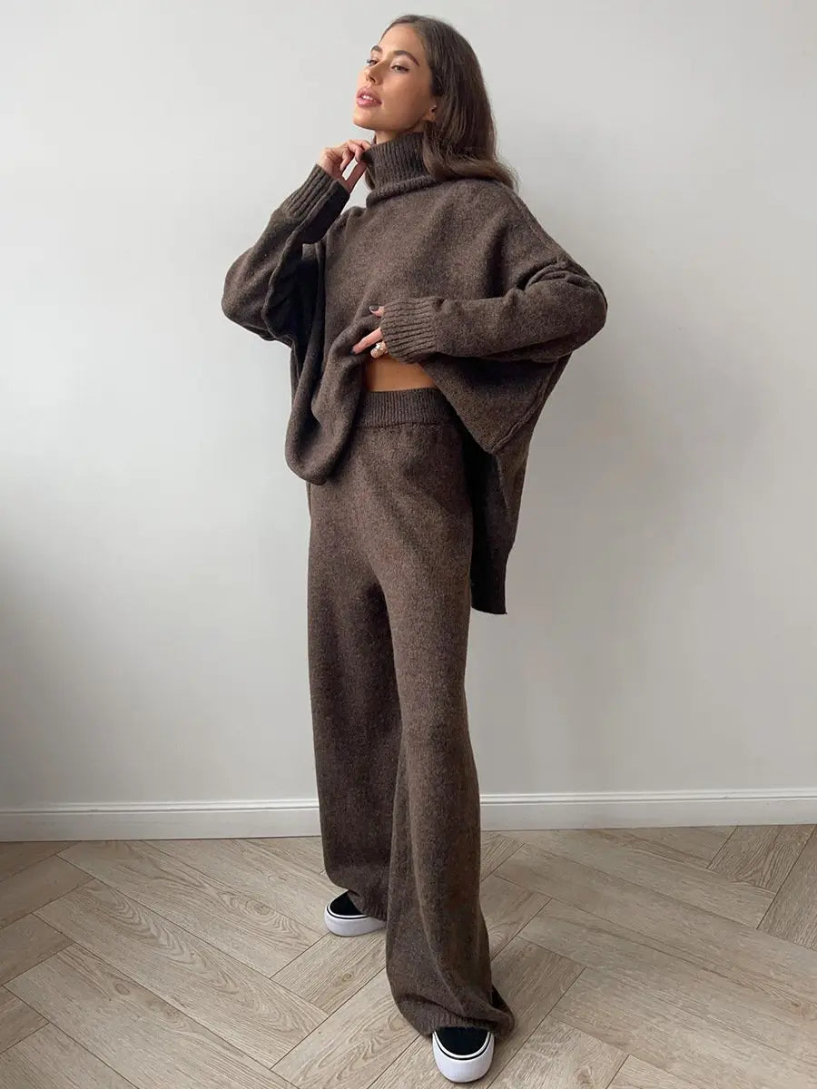 Elise - Women's Turtleneck Knit Sweater & Wide-Leg Pants Set