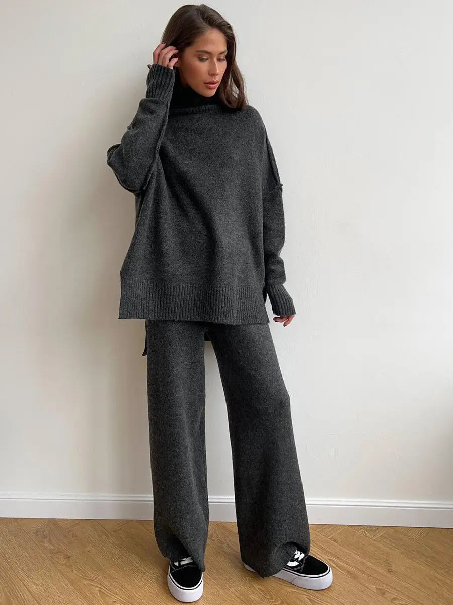 Elise - Women's Turtleneck Knit Sweater & Wide-Leg Pants Set