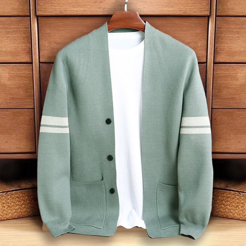 Ezra - Men's Striped Sleeve V-Neck Knit Cardigan