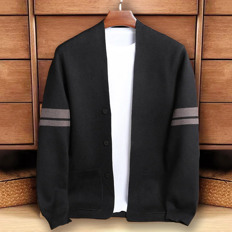 Ezra - Men's Striped Sleeve V-Neck Knit Cardigan