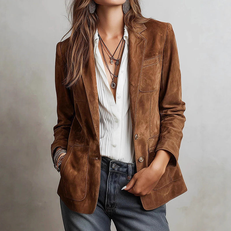 Freya - Women's Notch Lapel Faux Suede Blazer