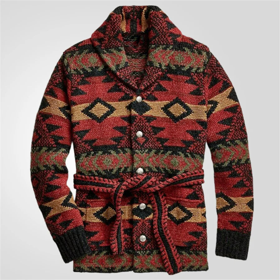 Garrett - Men's Belted Southwestern Shawl Cardigan