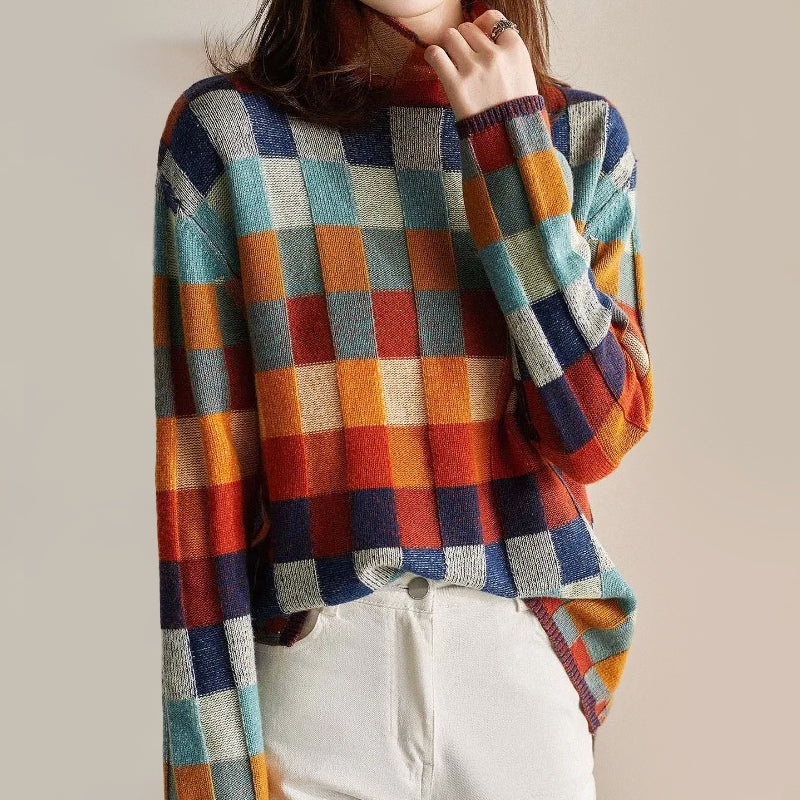 Gia - Women's Patchwork Knit Mock Neck Sweater