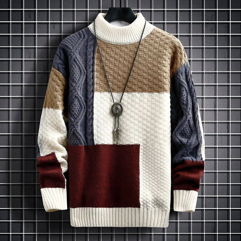 Grant - Men's Patchwork Knit Sweater with Mock Collar