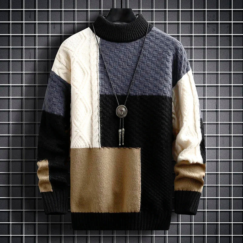 Grant - Men's Patchwork Knit Sweater with Mock Collar