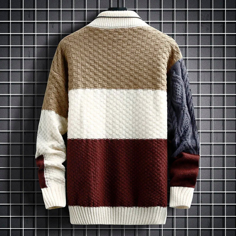 Grant - Men's Patchwork Knit Sweater with Mock Collar