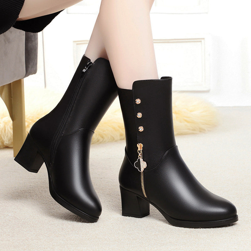 Gwendolyn - Women's Mid-Calf Block Heel Zip Boots