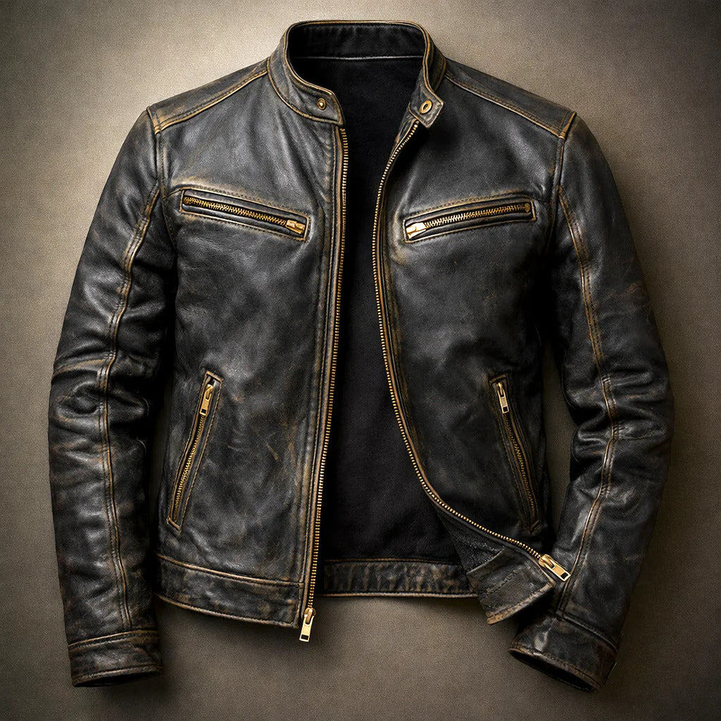 Harrison - Men's Vintage Patina Leather Jacket with Chest Zip Pockets