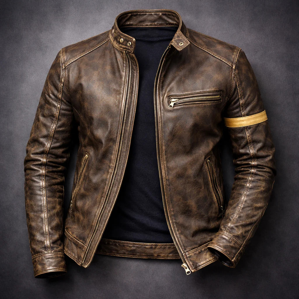 Harrison - Men's Vintage Patina Leather Jacket with Chest Zip Pockets