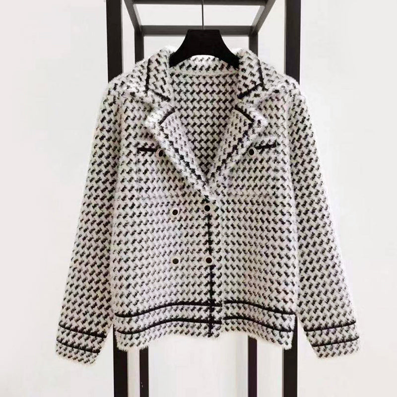 Hazel - Women's Cropped Houndstooth Double-Breasted Jacket