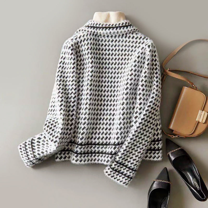 Hazel - Women's Cropped Houndstooth Double-Breasted Jacket