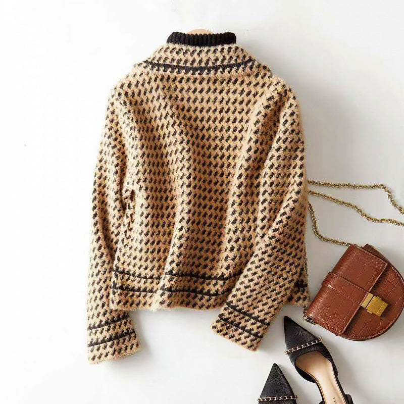 Hazel - Women's Cropped Houndstooth Double-Breasted Jacket