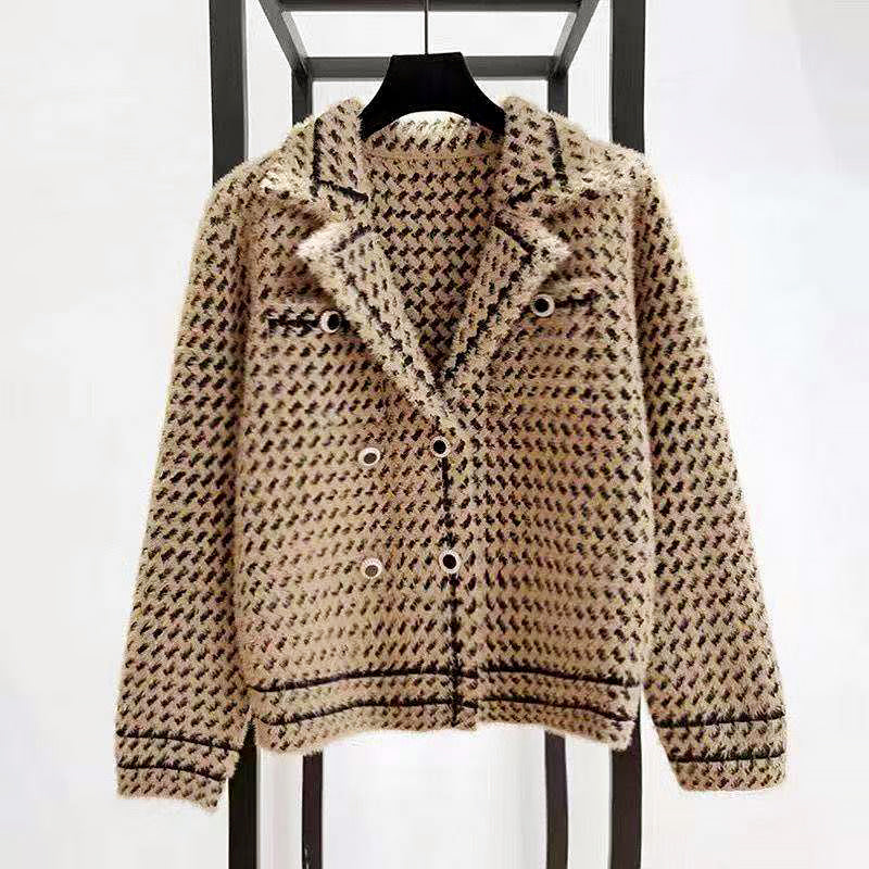 Hazel - Women's Cropped Houndstooth Double-Breasted Jacket