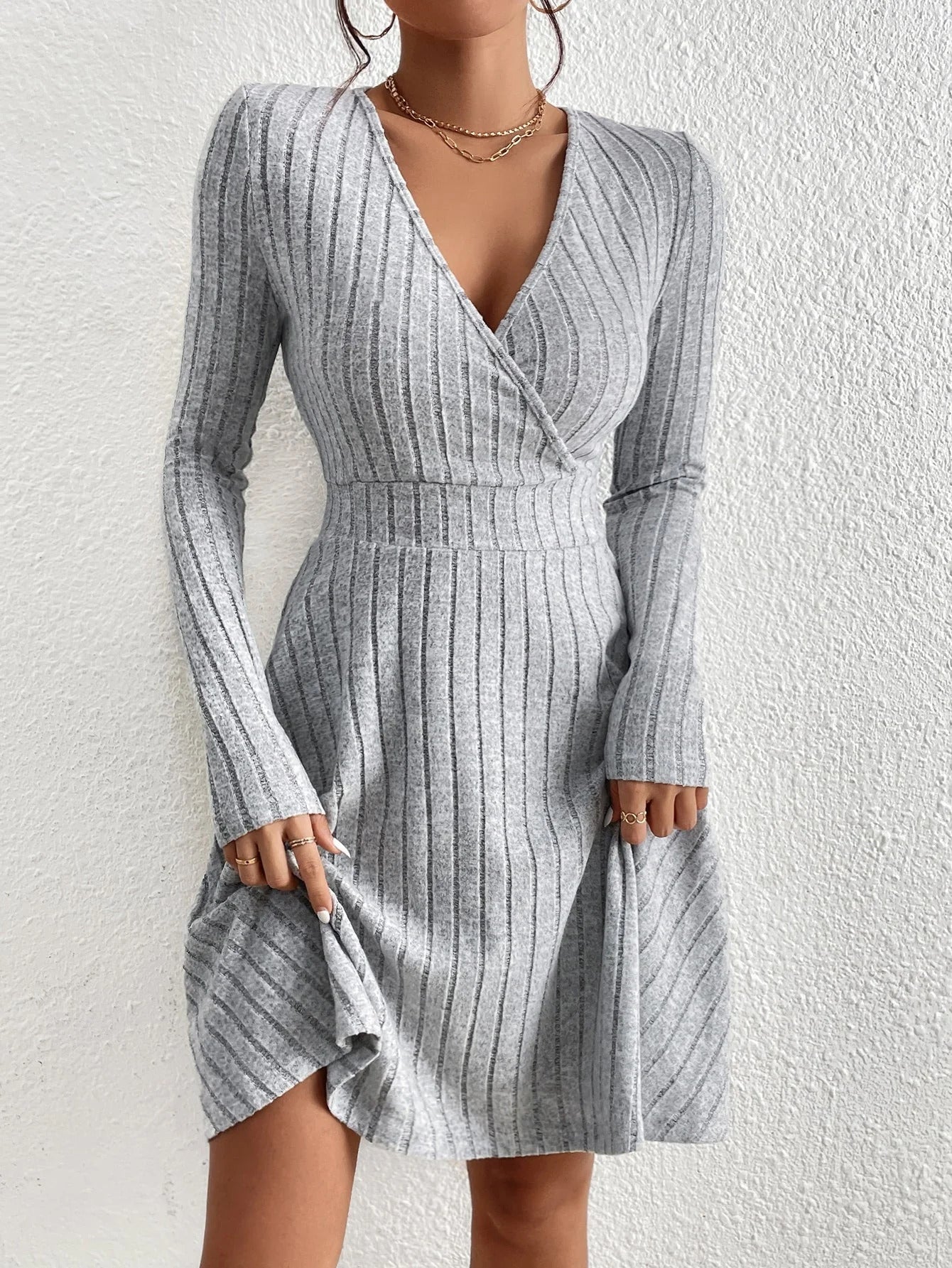 Isolde - Women's Ribbed Wrap V-Neck Flare Dress