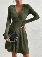 Isolde - Women's Ribbed Wrap V-Neck Flare Dress