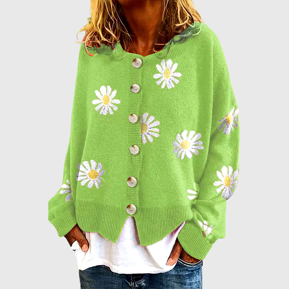 Jade - Women's Daisy Print Button-Up Knit Cardigan