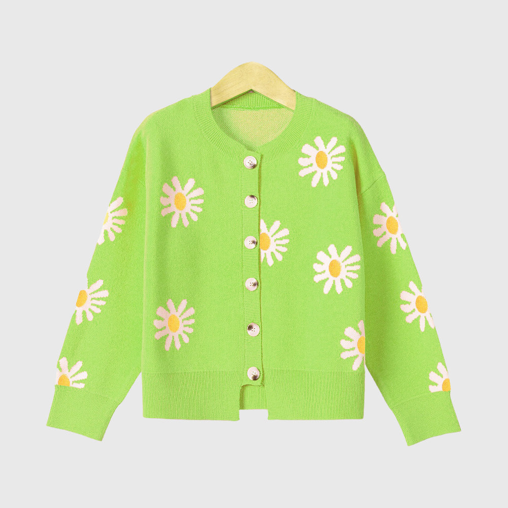 Jade - Women's Daisy Print Button-Up Knit Cardigan