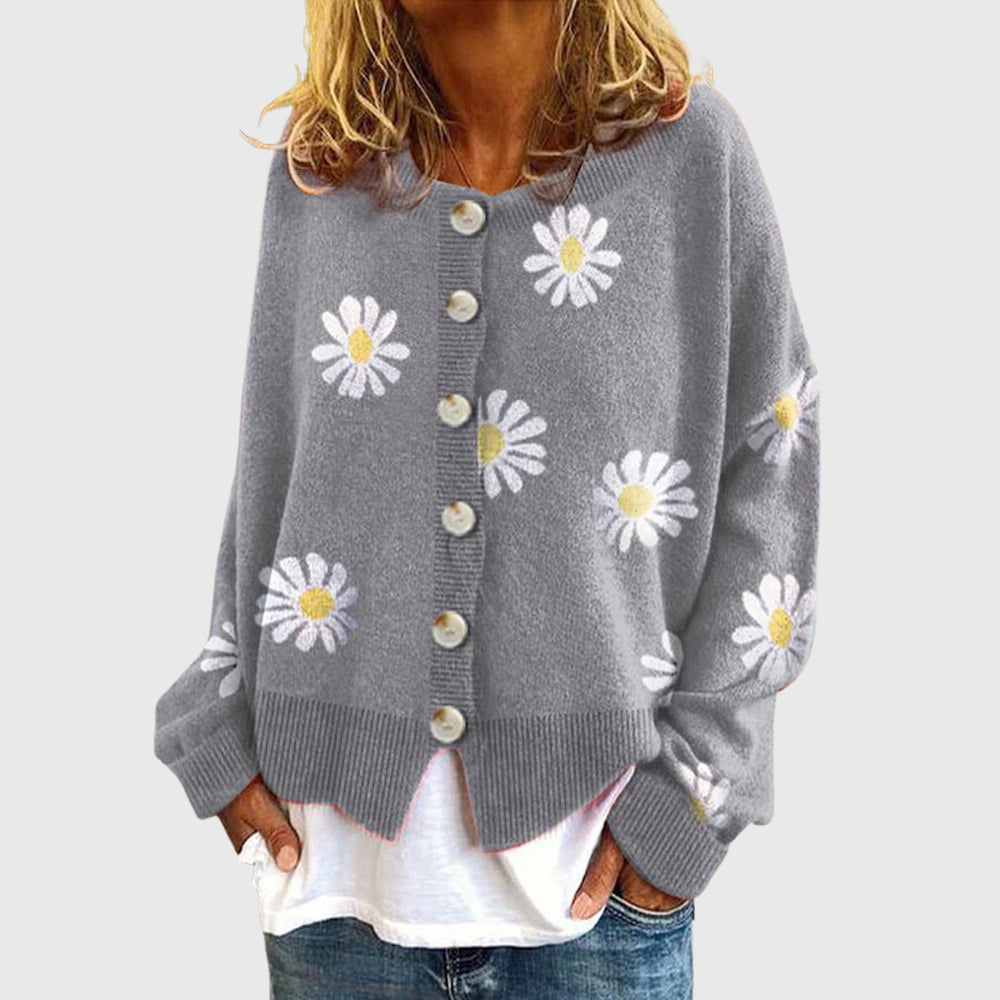 Jade - Women's Daisy Print Button-Up Knit Cardigan