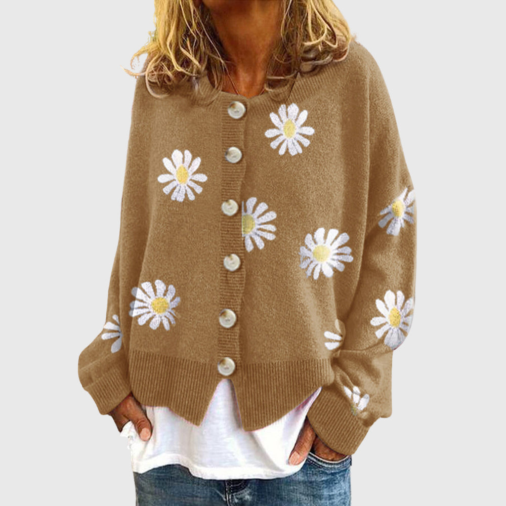 Jade - Women's Daisy Print Button-Up Knit Cardigan