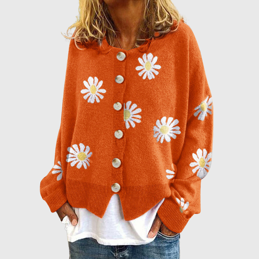 Jade - Women's Daisy Print Button-Up Knit Cardigan