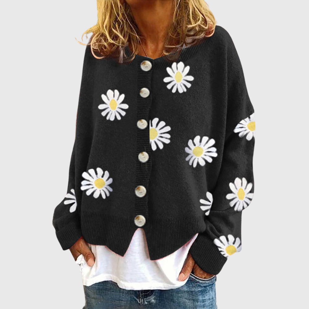 Jade - Women's Daisy Print Button-Up Knit Cardigan