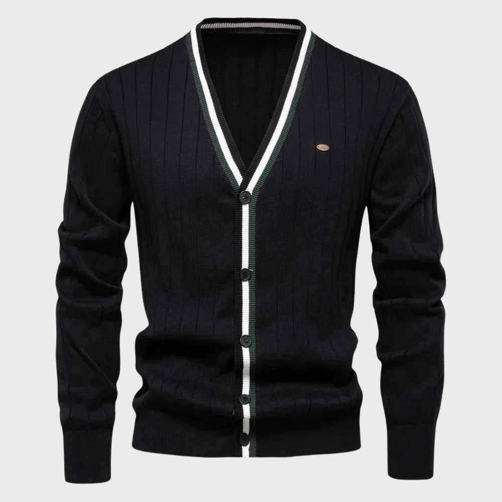 Julian - Men's Cotton Stripe-Trim V-Neck Cardigan