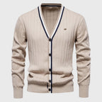 Julian - Men's Cotton Stripe-Trim V-Neck Cardigan