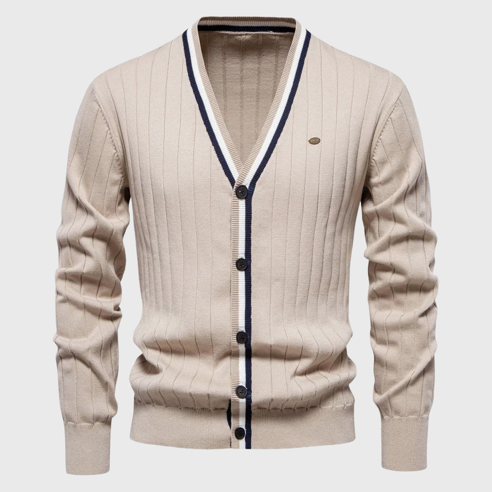 Julian - Men's Cotton Stripe-Trim V-Neck Cardigan