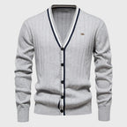 Julian - Men's Cotton Stripe-Trim V-Neck Cardigan