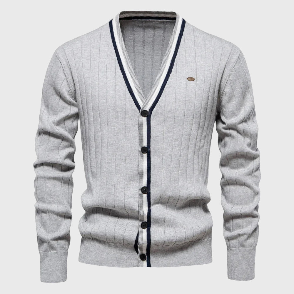 Julian - Men's Cotton Stripe-Trim V-Neck Cardigan