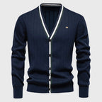 Julian - Men's Cotton Stripe-Trim V-Neck Cardigan