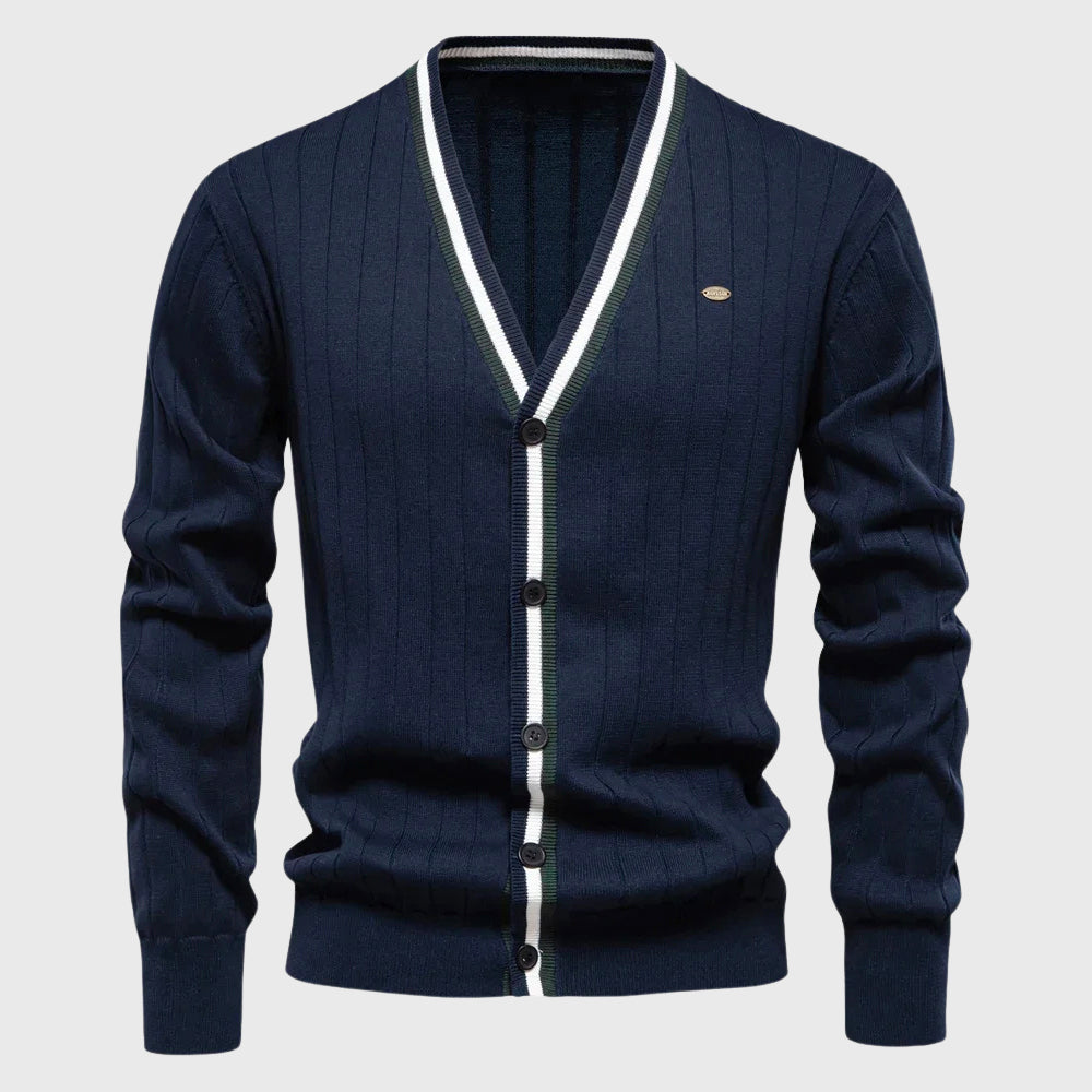 Julian - Men's Cotton Stripe-Trim V-Neck Cardigan