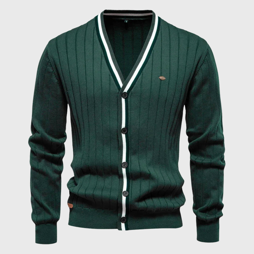 Julian - Men's Cotton Stripe-Trim V-Neck Cardigan